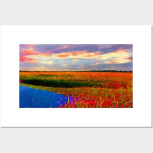 Floral Meadow at sunset Posters and Art